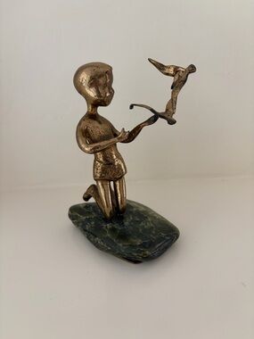 Vintage Malcom Moran bronze boy with birds on Jade rock. Gumps exclusive